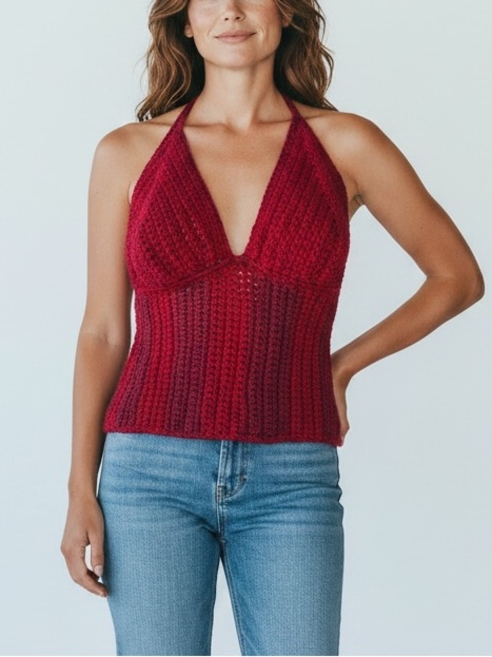 Handmade Crochet Halter Top Pink Red Open Back Lace Up Festival Y2K Boho Tank